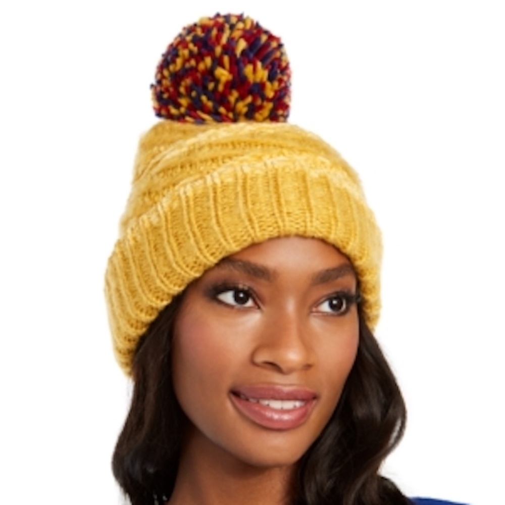 INC Womens One Size Chenille Striped Multi-Pom Beanie Mustard Yellow Red Blue